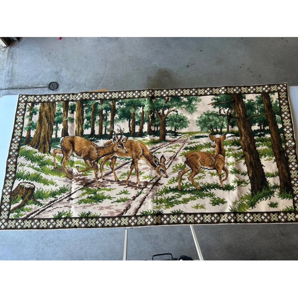 Vintage Needlepoint Cross Stitch Needlework Wall Art. 29” x 60”. Cabinet Decor
